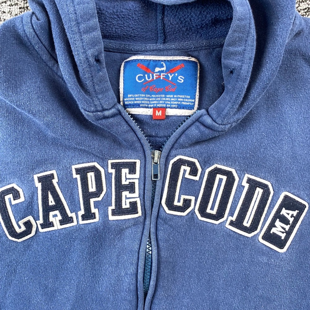 Vintage Cuffys Y2K Cape Cod MA Hoodie Mens M Navy Full Zip Applique Sweatshirt - Picture 2 of 8